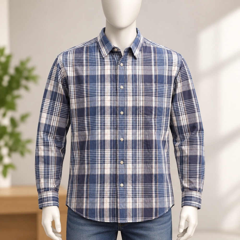 Basic Editions Plaid Button Down Shirt Mens XL Blue Long Sleeve Casual Pocket